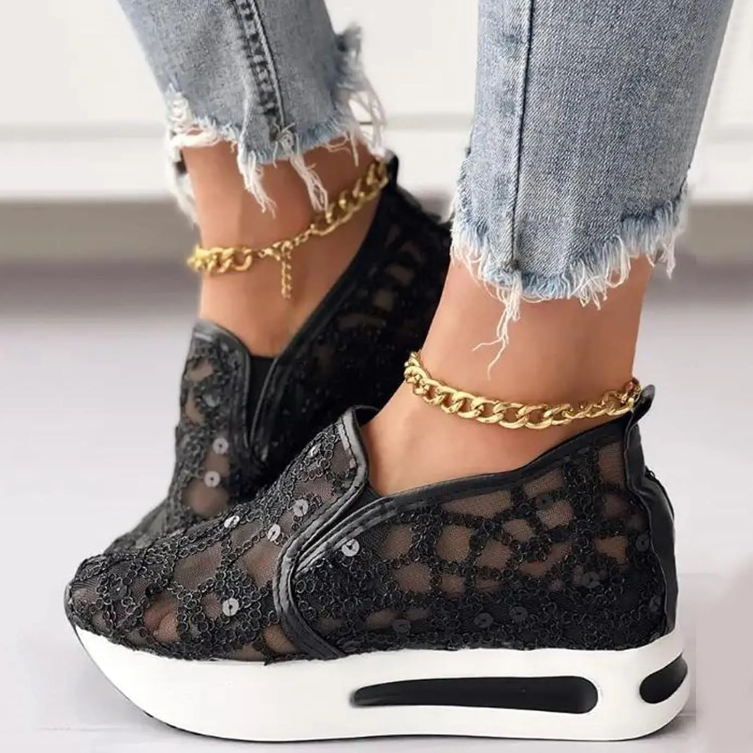 Women Fashion Platform Sneakers High Hidden Heel Wedge Walking Shoes Brides Wedding Shoes Women's Fashion Sneakers High Chunky Heel Loafers Platform Hidden Heels for Women with Ankle Walking Shoes