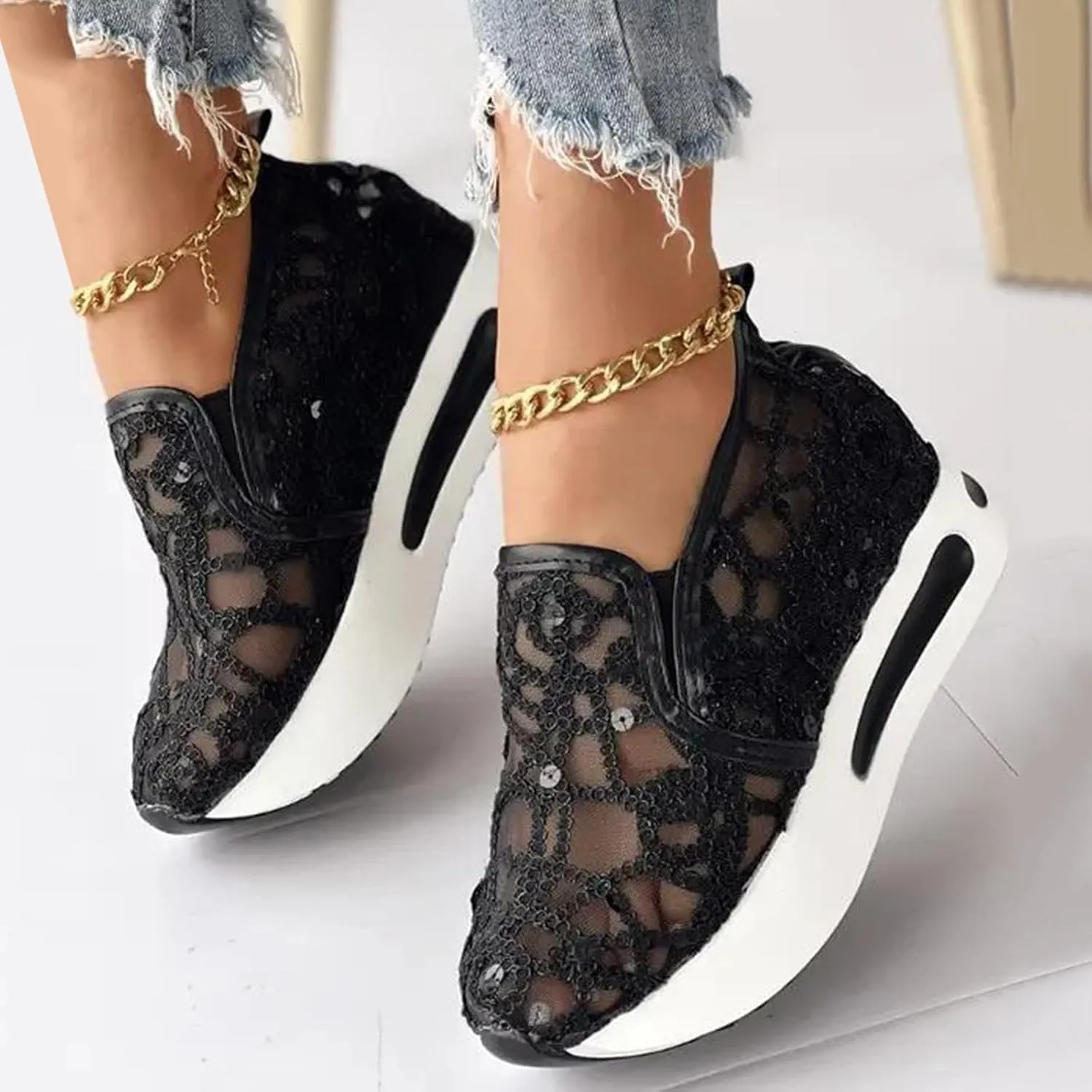 Women Fashion Platform Sneakers High Hidden Heel Wedge Walking Shoes Brides Wedding Shoes Women's Fashion Sneakers High Chunky Heel Loafers Platform Hidden Heels for Women with Ankle Walking Shoes