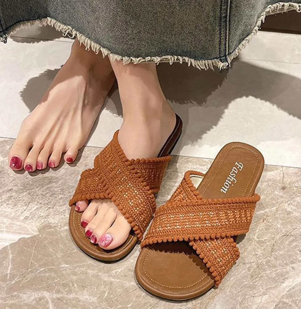 Women Flat Sandals Braided Summer Bohemian Dressy Fashion Evening Party Wedding Sandals Vacation Beach Slip On Flat