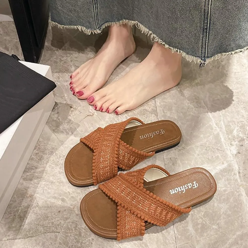 Women Flat Sandals Braided Summer Bohemian Dressy Fashion Evening Party Wedding Sandals Vacation Beach Slip On Flat