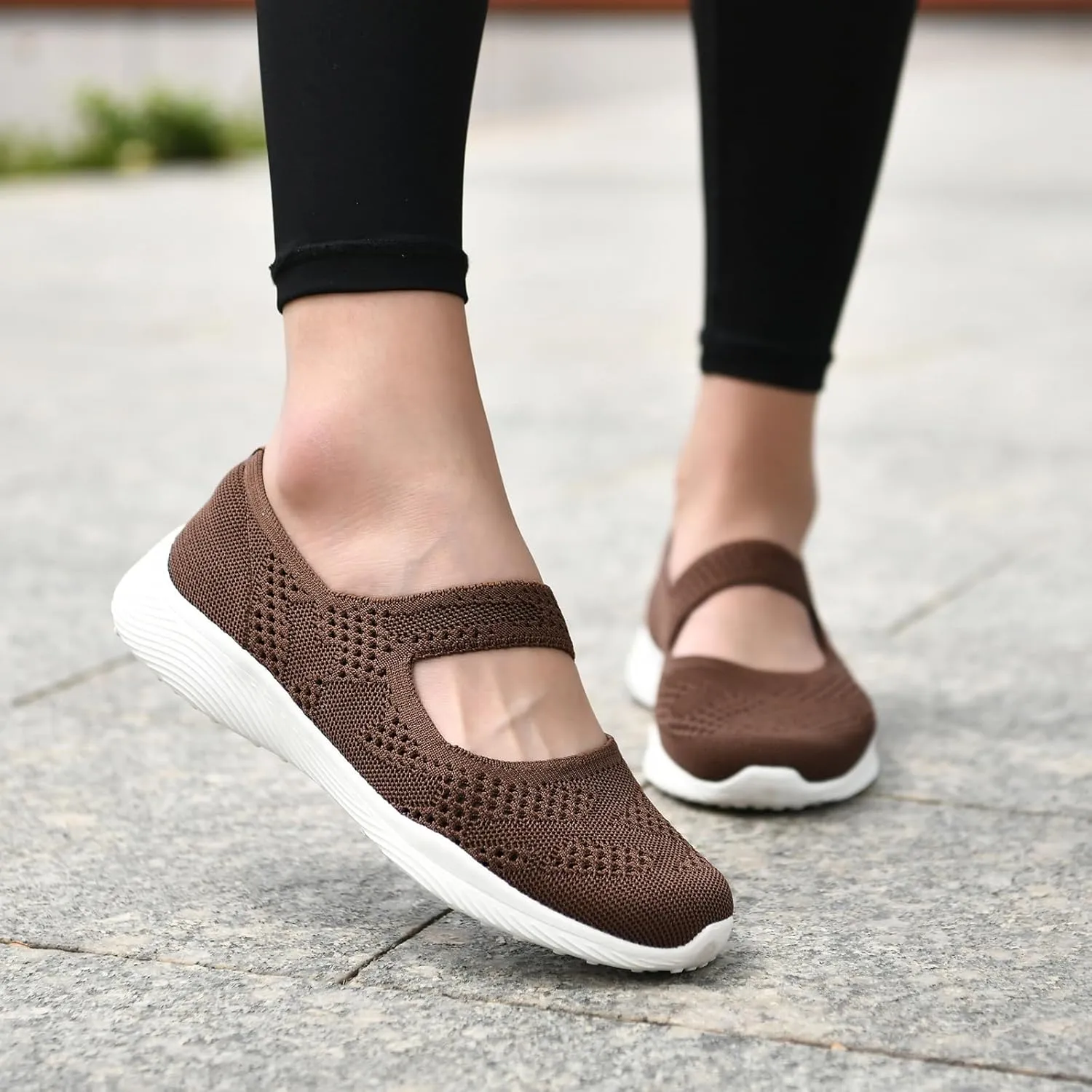 Women Mary Jane Shoes Slip On Walking Flats Comfortable Dressy Knit Washable Casual Nurse Shoe with Arch Support