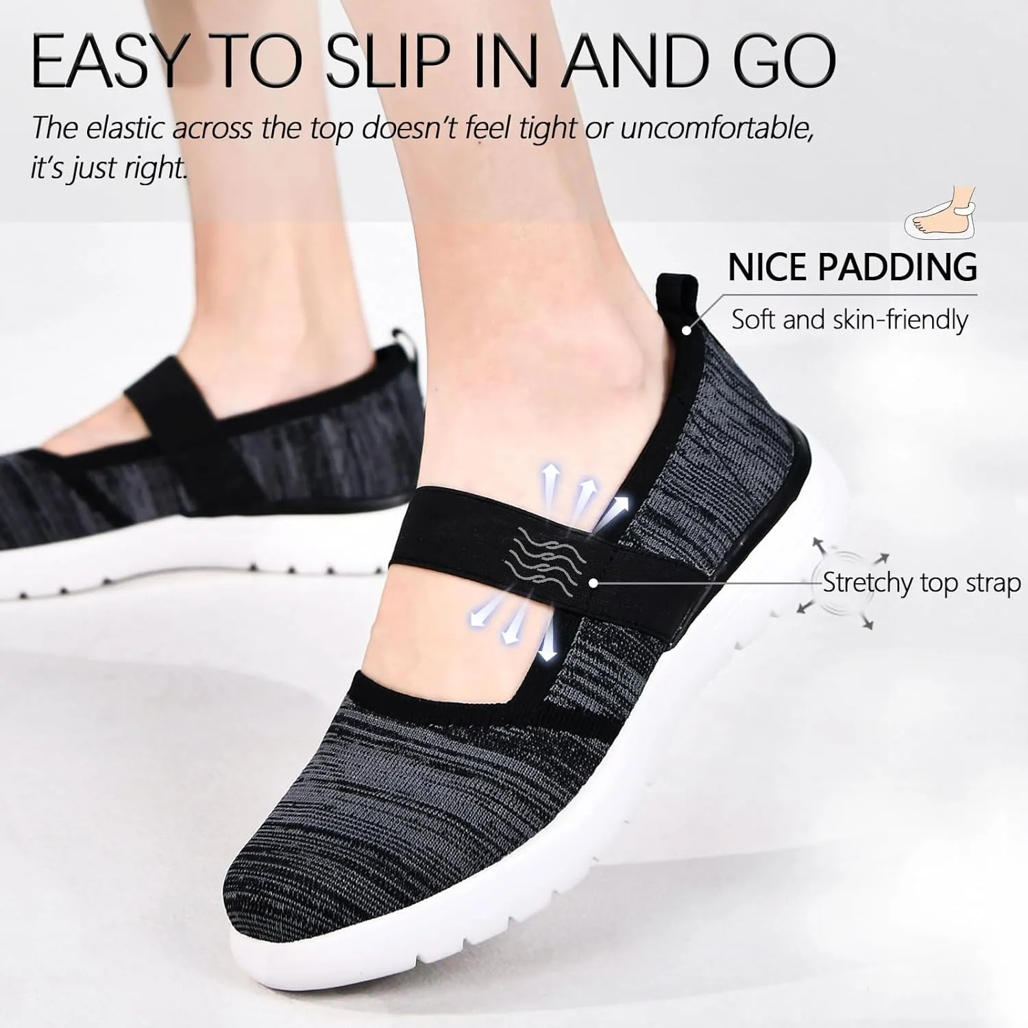 Women Mary Jane Shoes Slip On Walking Flats Comfortable Dressy Knit Washable Casual Nurse Shoe with Arch Support
