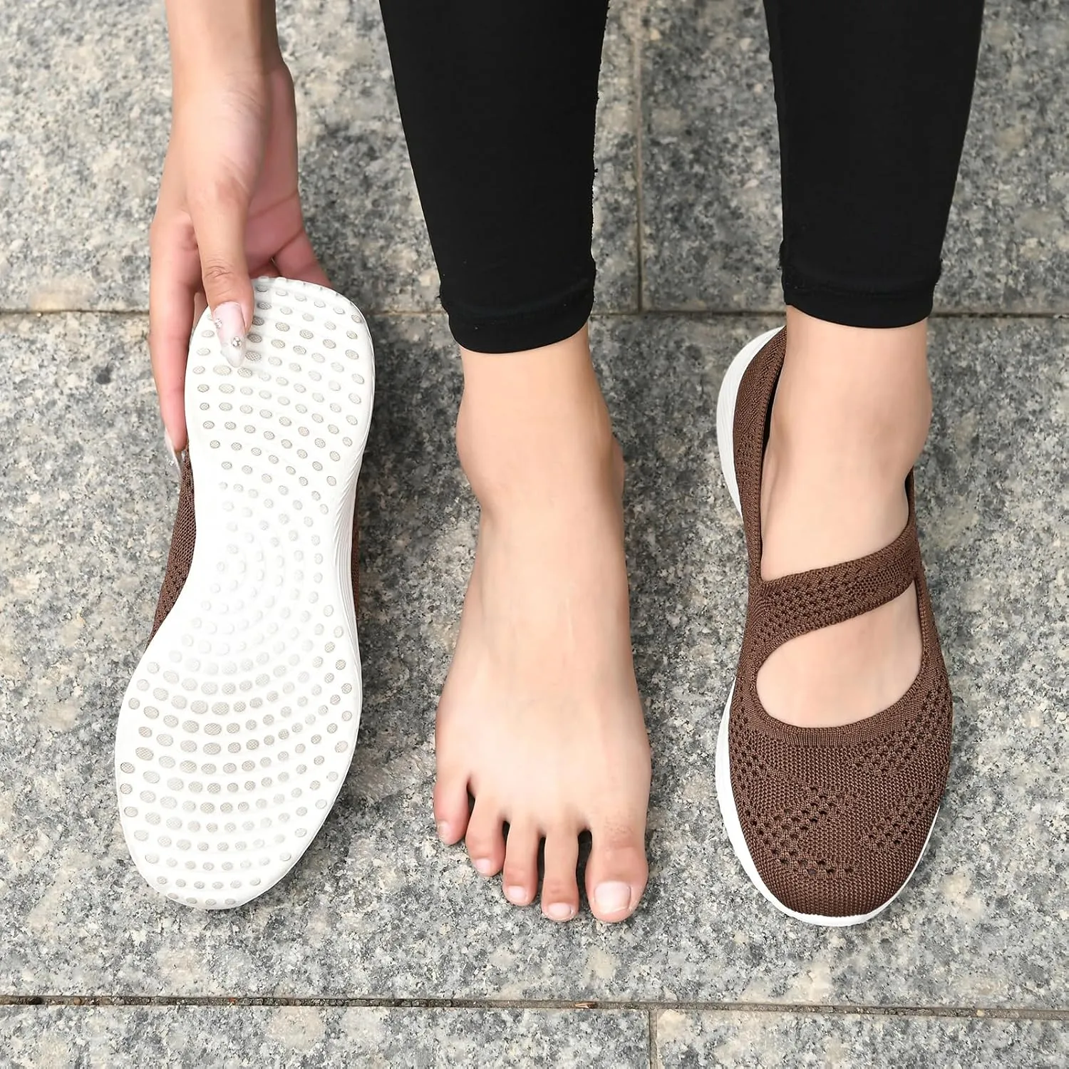 Women Mary Jane Shoes Slip On Walking Flats Comfortable Dressy Knit Washable Casual Nurse Shoe with Arch Support