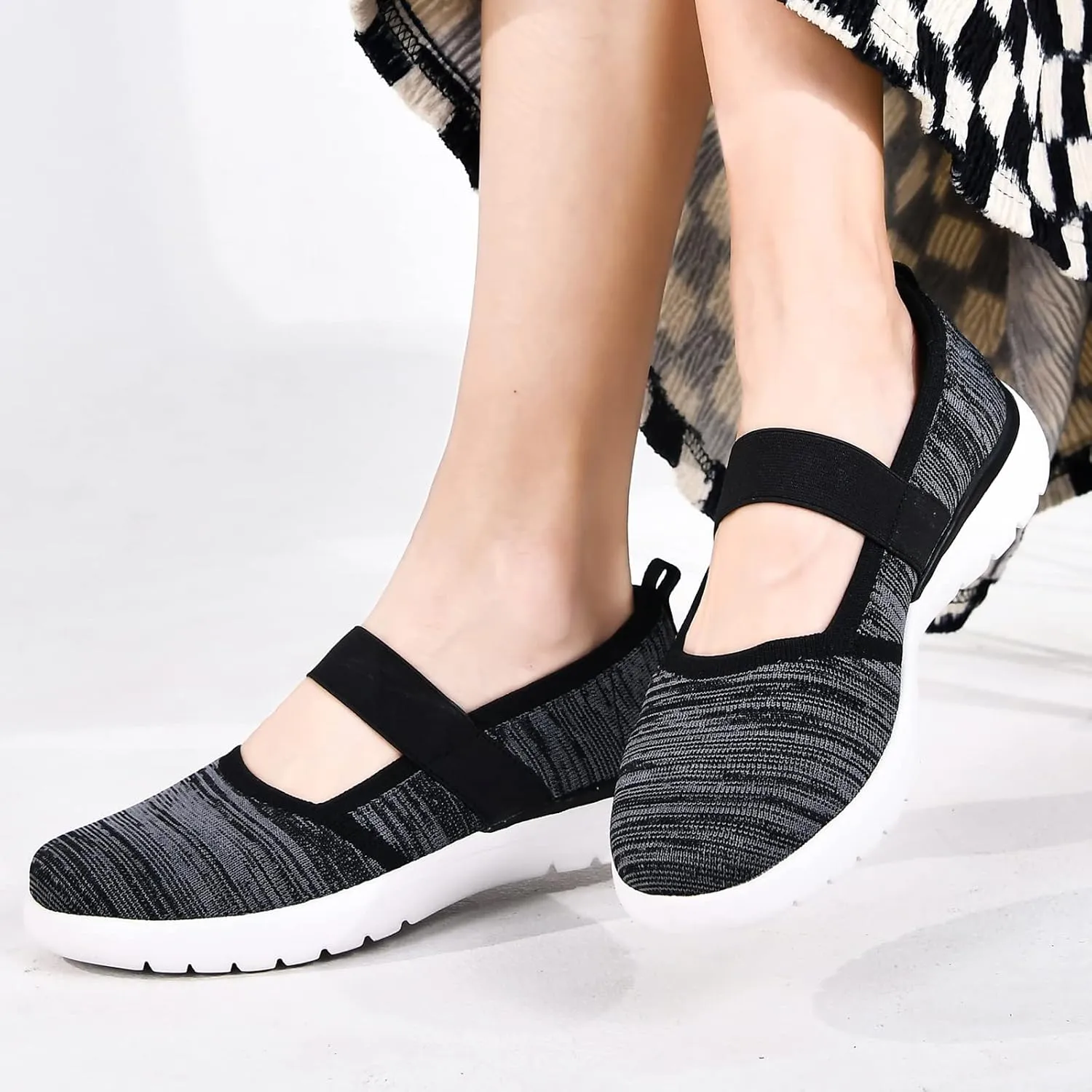 Women Mary Jane Shoes Slip On Walking Flats Comfortable Dressy Knit Washable Casual Nurse Shoe with Arch Support