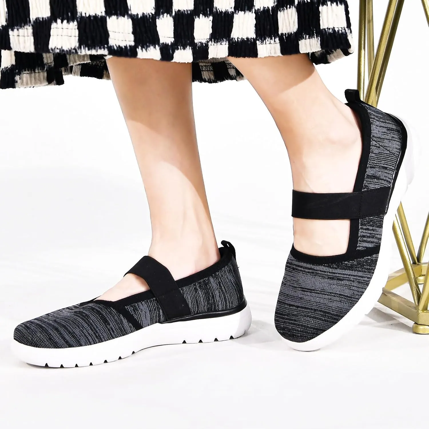 Women Mary Jane Shoes Slip On Walking Flats Comfortable Dressy Knit Washable Casual Nurse Shoe with Arch Support