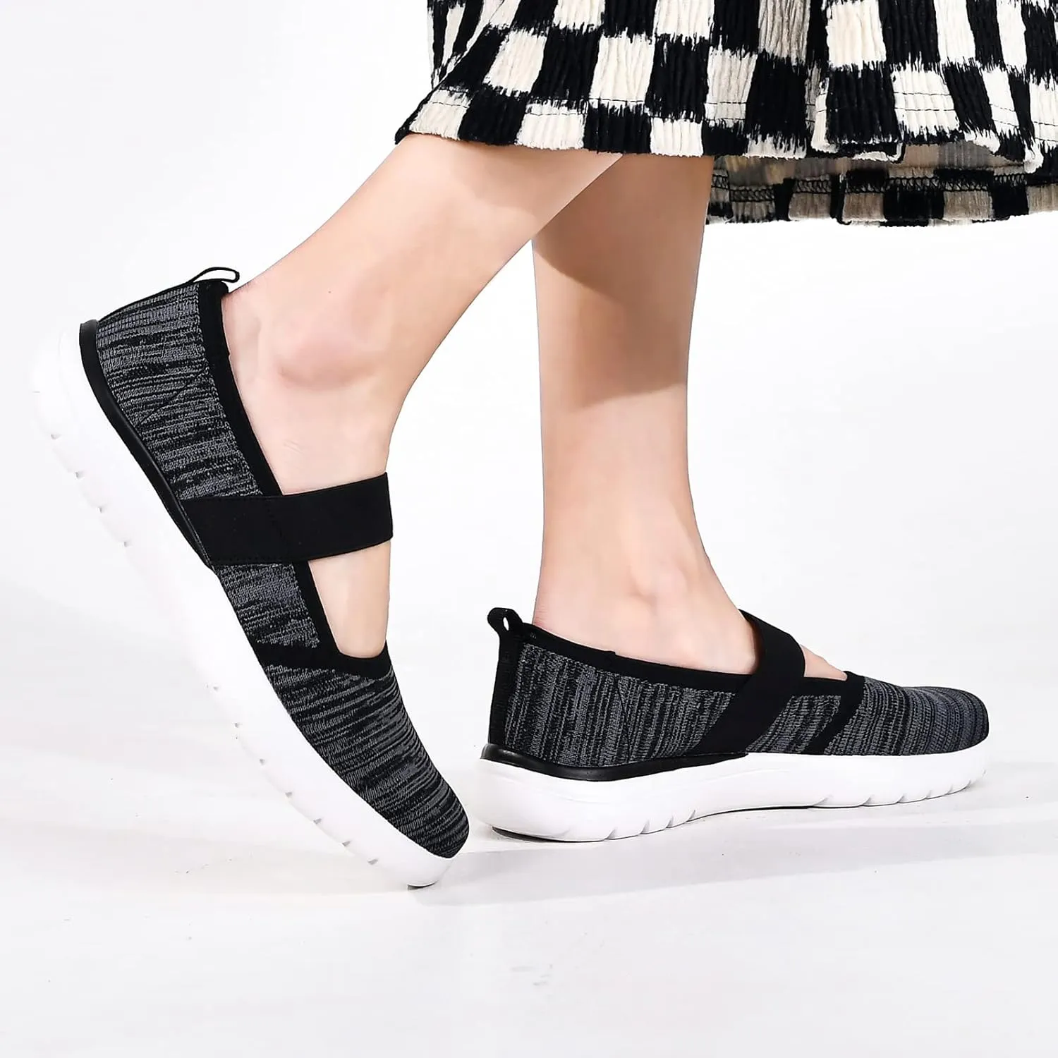 Women Mary Jane Shoes Slip On Walking Flats Comfortable Dressy Knit Washable Casual Nurse Shoe with Arch Support