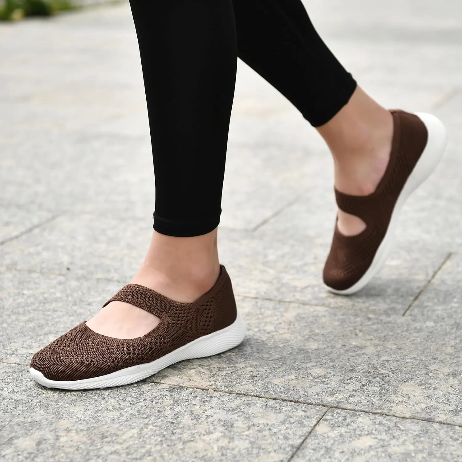 Women Mary Jane Shoes Slip On Walking Flats Comfortable Dressy Knit Washable Casual Nurse Shoe with Arch Support
