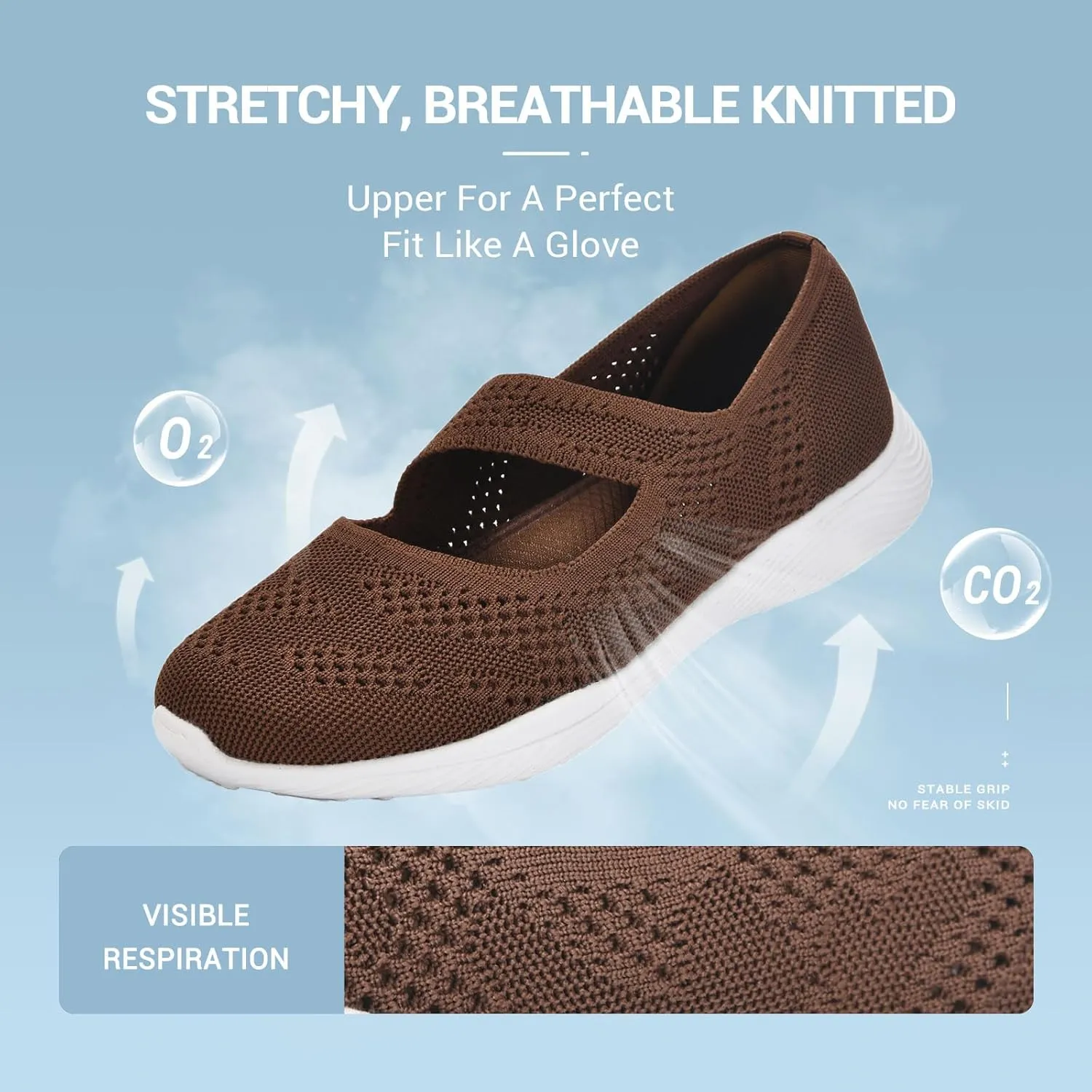 Women Mary Jane Shoes Slip On Walking Flats Comfortable Dressy Knit Washable Casual Nurse Shoe with Arch Support