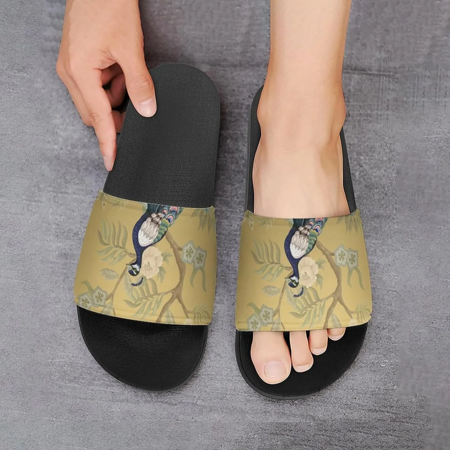 Women Men Slide Slippers Sandals Shower Home Beach House Shoes Gifts, Chinoiserie Style Herons Peacock