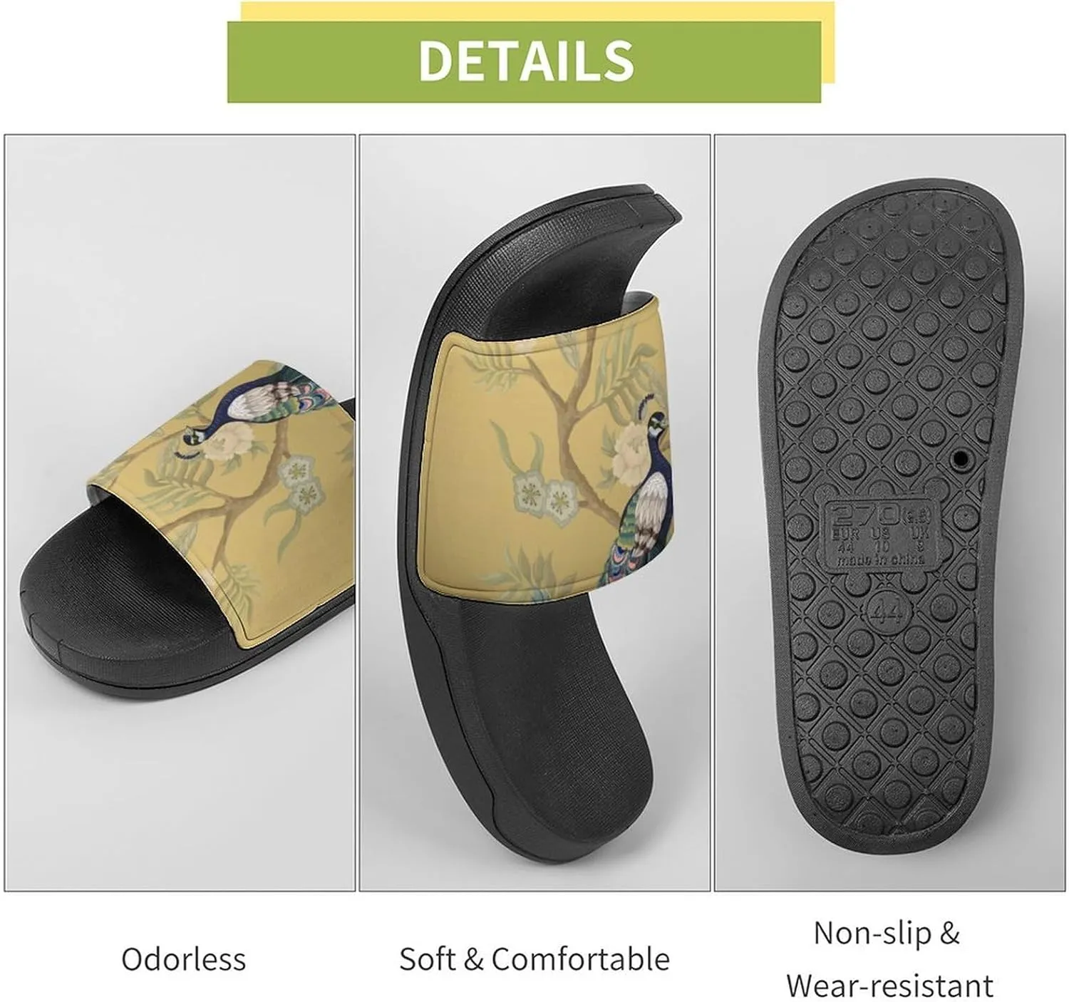 Women Men Slide Slippers Sandals Shower Home Beach House Shoes Gifts, Chinoiserie Style Herons Peacock