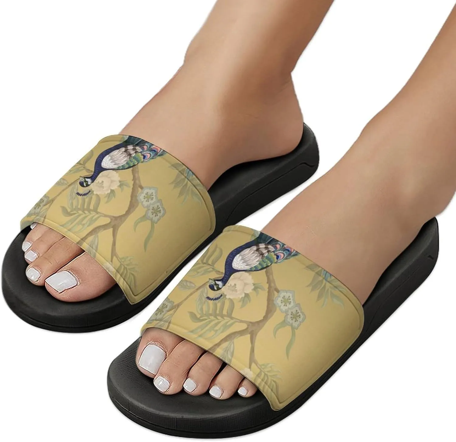 Women Men Slide Slippers Sandals Shower Home Beach House Shoes Gifts, Chinoiserie Style Herons Peacock