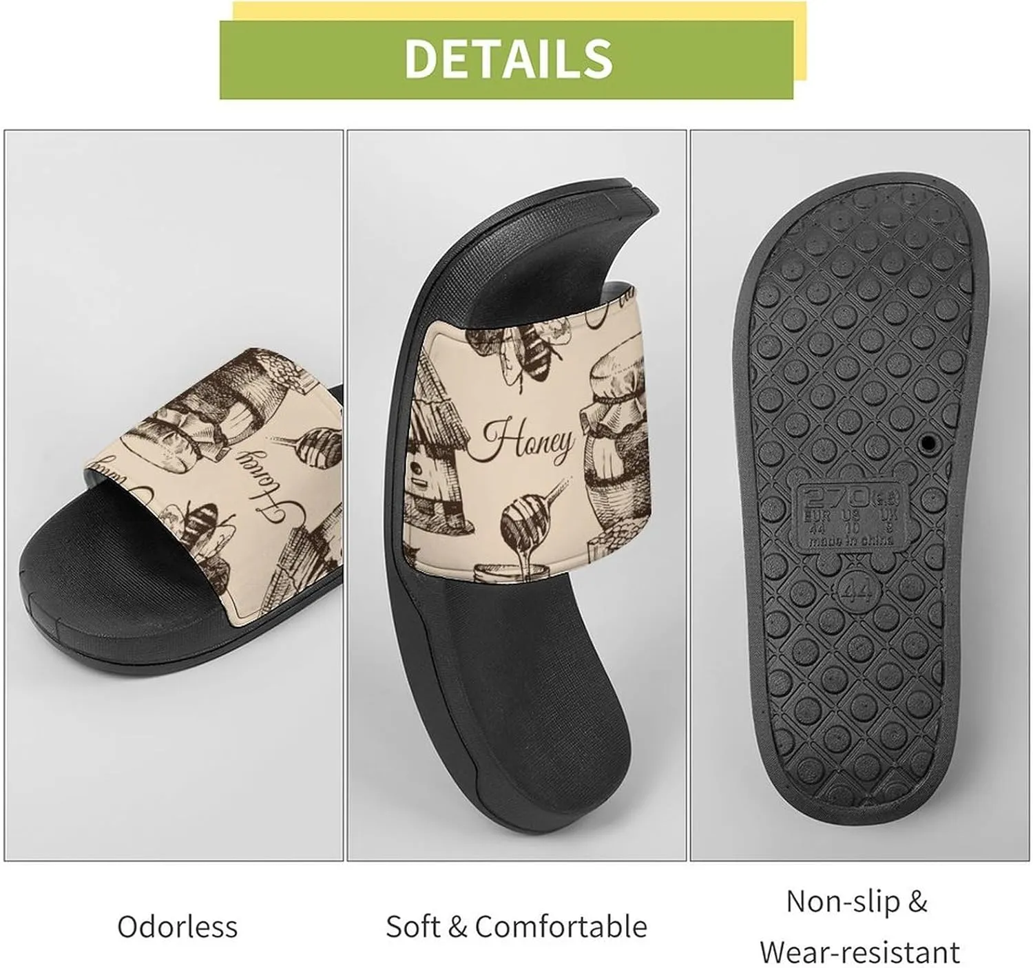 Women Men Slide Slippers Sandals Shower Home Beach House Shoes Gifts, Honey Honeycomb Vintage
