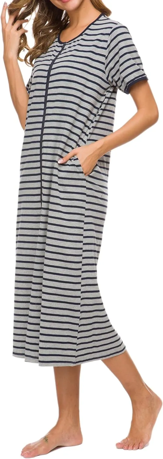 Women Short Sleeve Zip Front Nightgowns Full Length Cotton Robes Loose Housecoat Loungewear with Pockets S-XXL