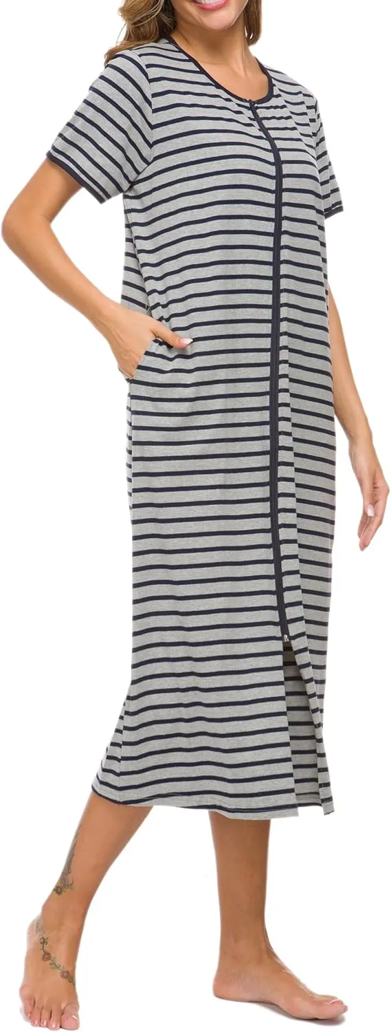 Women Short Sleeve Zip Front Nightgowns Full Length Cotton Robes Loose Housecoat Loungewear with Pockets S-XXL