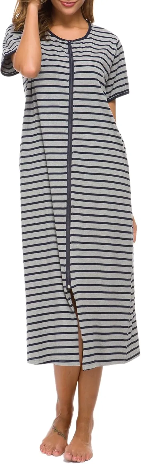Women Short Sleeve Zip Front Nightgowns Full Length Cotton Robes Loose Housecoat Loungewear with Pockets S-XXL