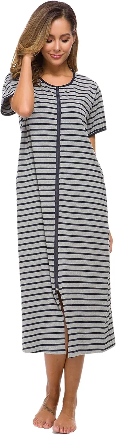 Women Short Sleeve Zip Front Nightgowns Full Length Cotton Robes Loose Housecoat Loungewear with Pockets S-XXL