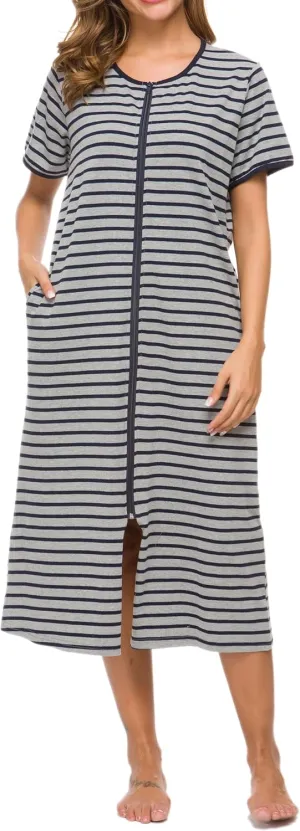 Women Short Sleeve Zip Front Nightgowns Full Length Cotton Robes Loose Housecoat Loungewear with Pockets S-XXL