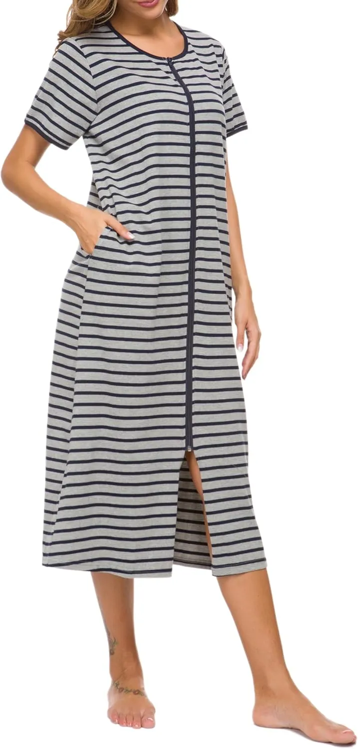 Women Short Sleeve Zip Front Nightgowns Full Length Cotton Robes Loose Housecoat Loungewear with Pockets S-XXL