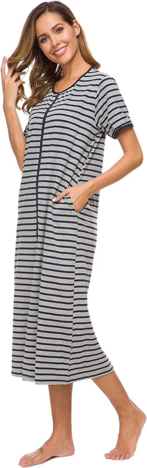 Women Short Sleeve Zip Front Nightgowns Full Length Cotton Robes Loose Housecoat Loungewear with Pockets S-XXL