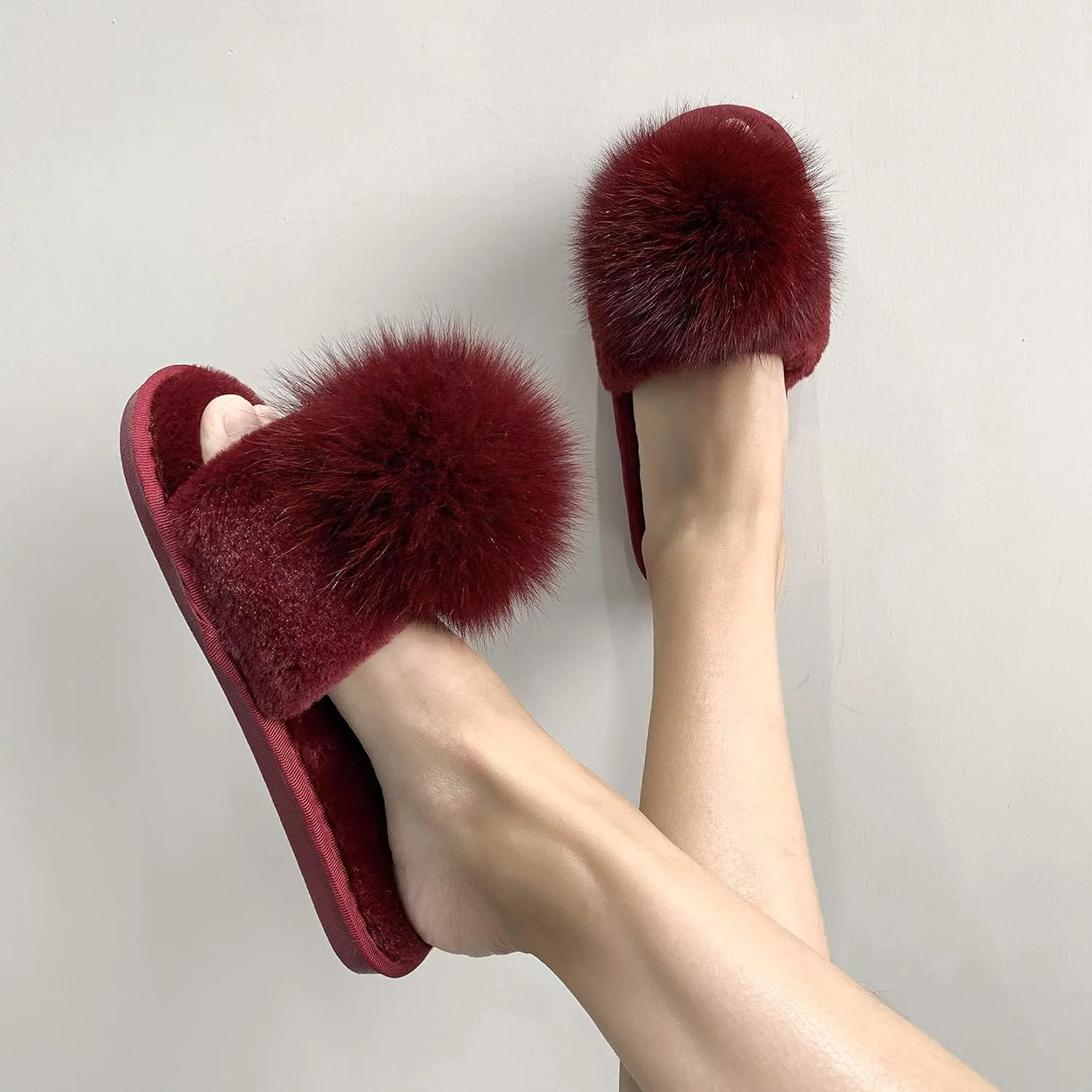 Women Slippers with Real Fox Fur Ball, Girl Furry Cozy Warm House Slipper, Open Toe Soft Flat Slide Sandals for Women Indoor Outdoor