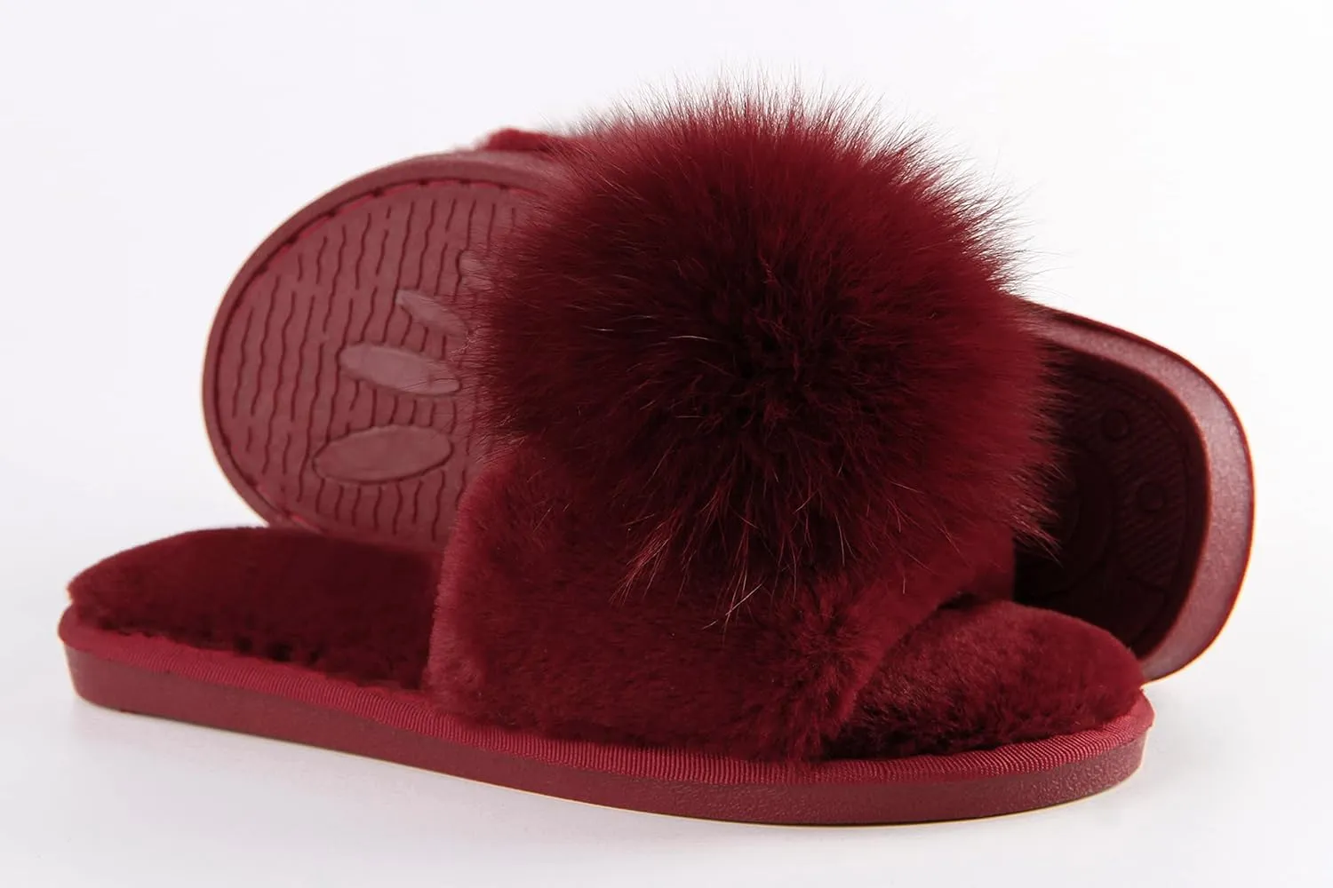 Women Slippers with Real Fox Fur Ball, Girl Furry Cozy Warm House Slipper, Open Toe Soft Flat Slide Sandals for Women Indoor Outdoor