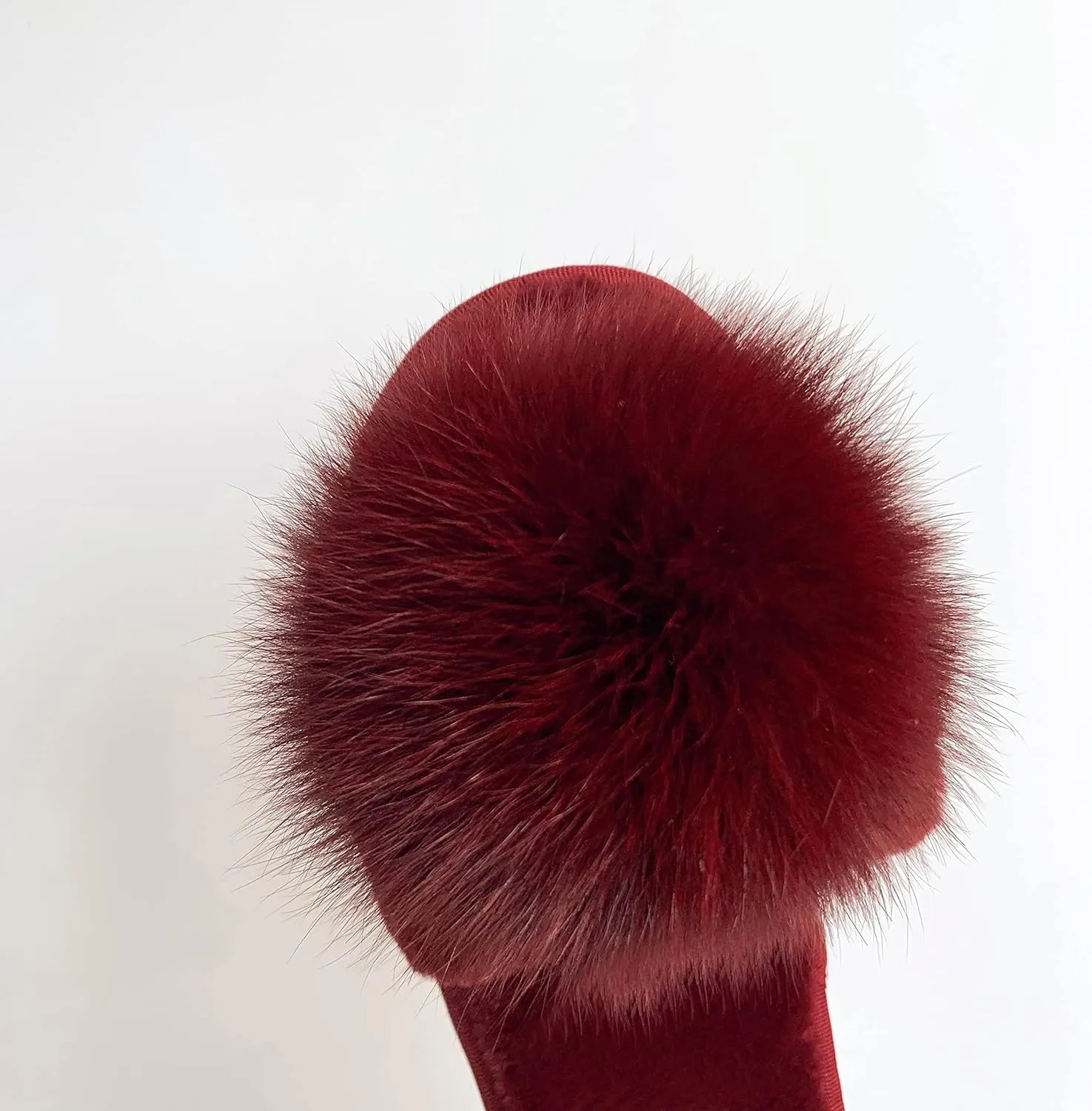 Women Slippers with Real Fox Fur Ball, Girl Furry Cozy Warm House Slipper, Open Toe Soft Flat Slide Sandals for Women Indoor Outdoor