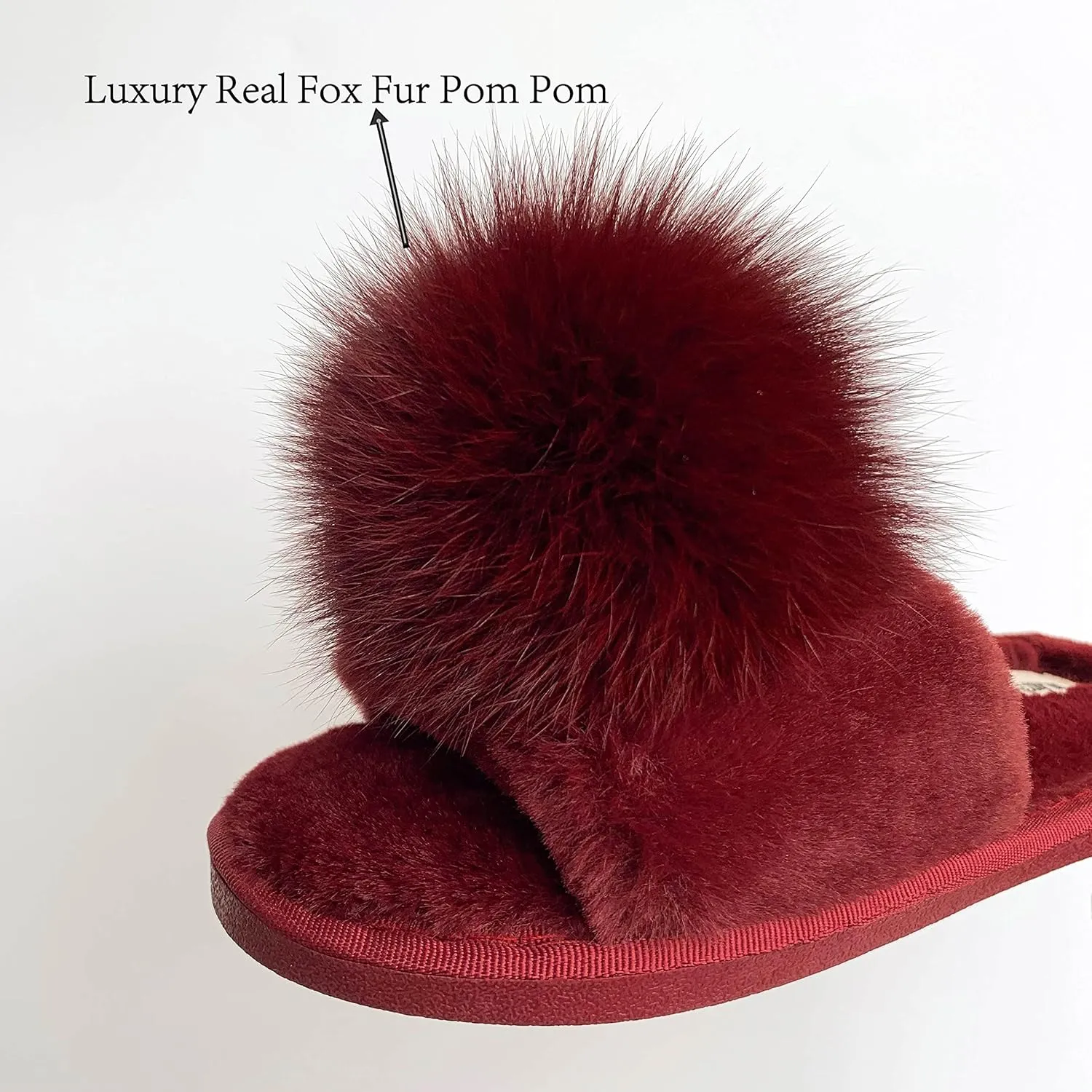 Women Slippers with Real Fox Fur Ball, Girl Furry Cozy Warm House Slipper, Open Toe Soft Flat Slide Sandals for Women Indoor Outdoor