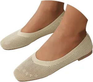 Women's Ballet Flats Soft Knit Lightweight Square Toe Slip On Comfort Ballerina Flat Shoes for Walking Low Wedge Soft