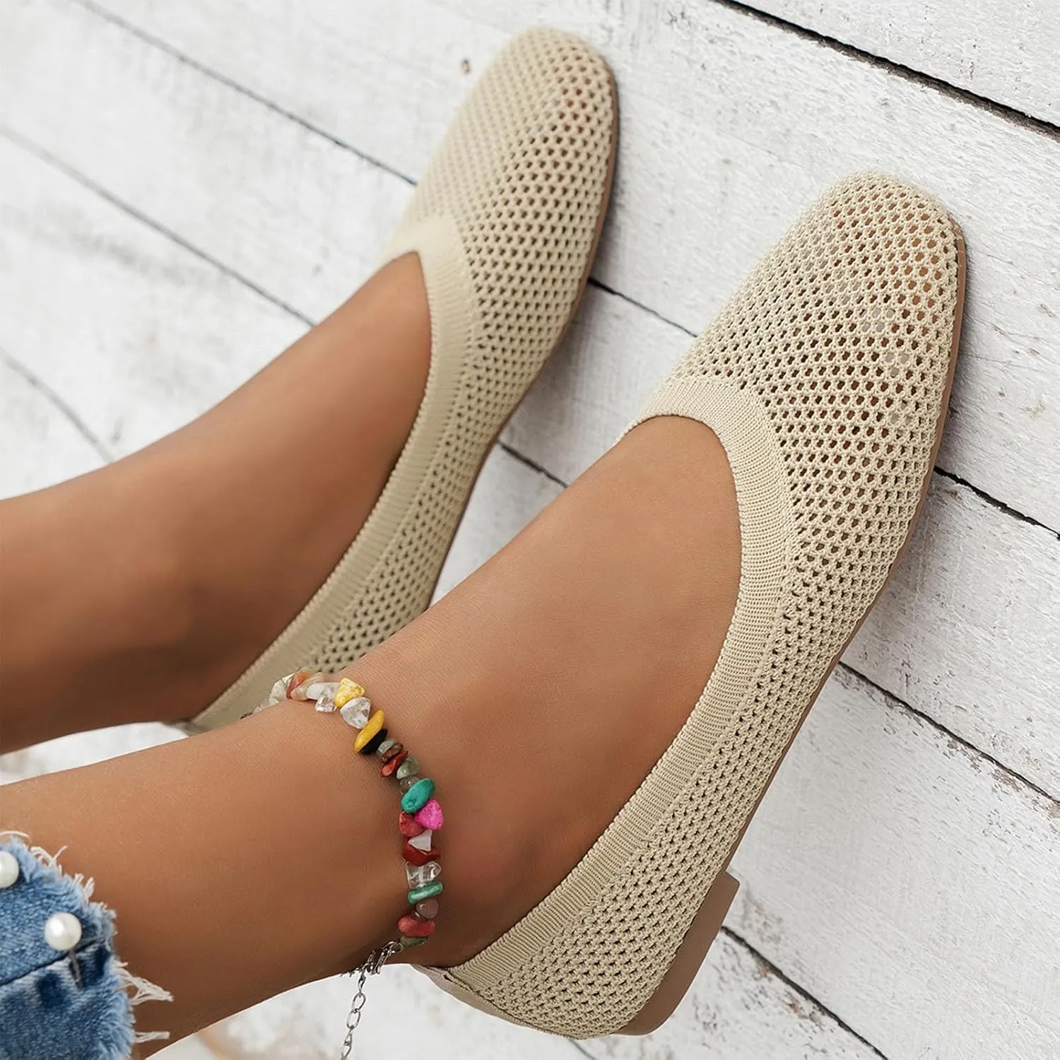 Women's Ballet Flats Soft Knit Lightweight Square Toe Slip On Comfort Ballerina Flat Shoes for Walking Low Wedge Soft