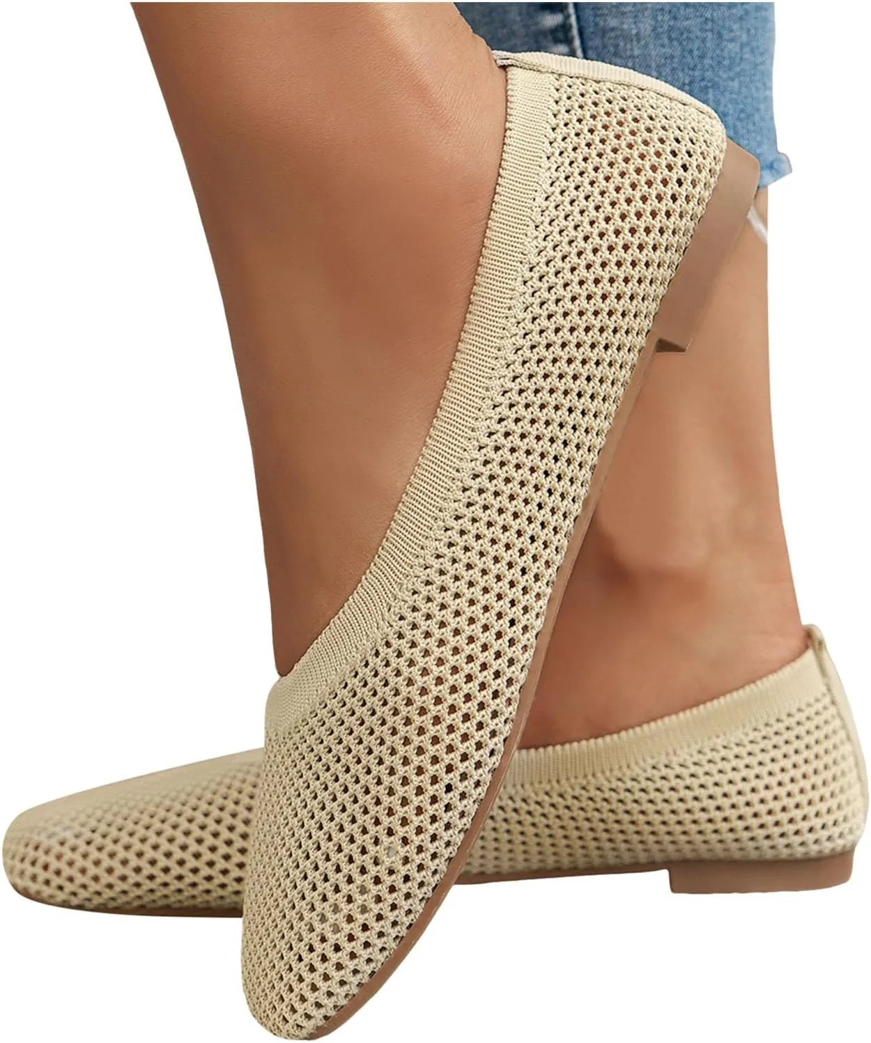 Women's Ballet Flats Soft Knit Lightweight Square Toe Slip On Comfort Ballerina Flat Shoes for Walking Low Wedge Soft