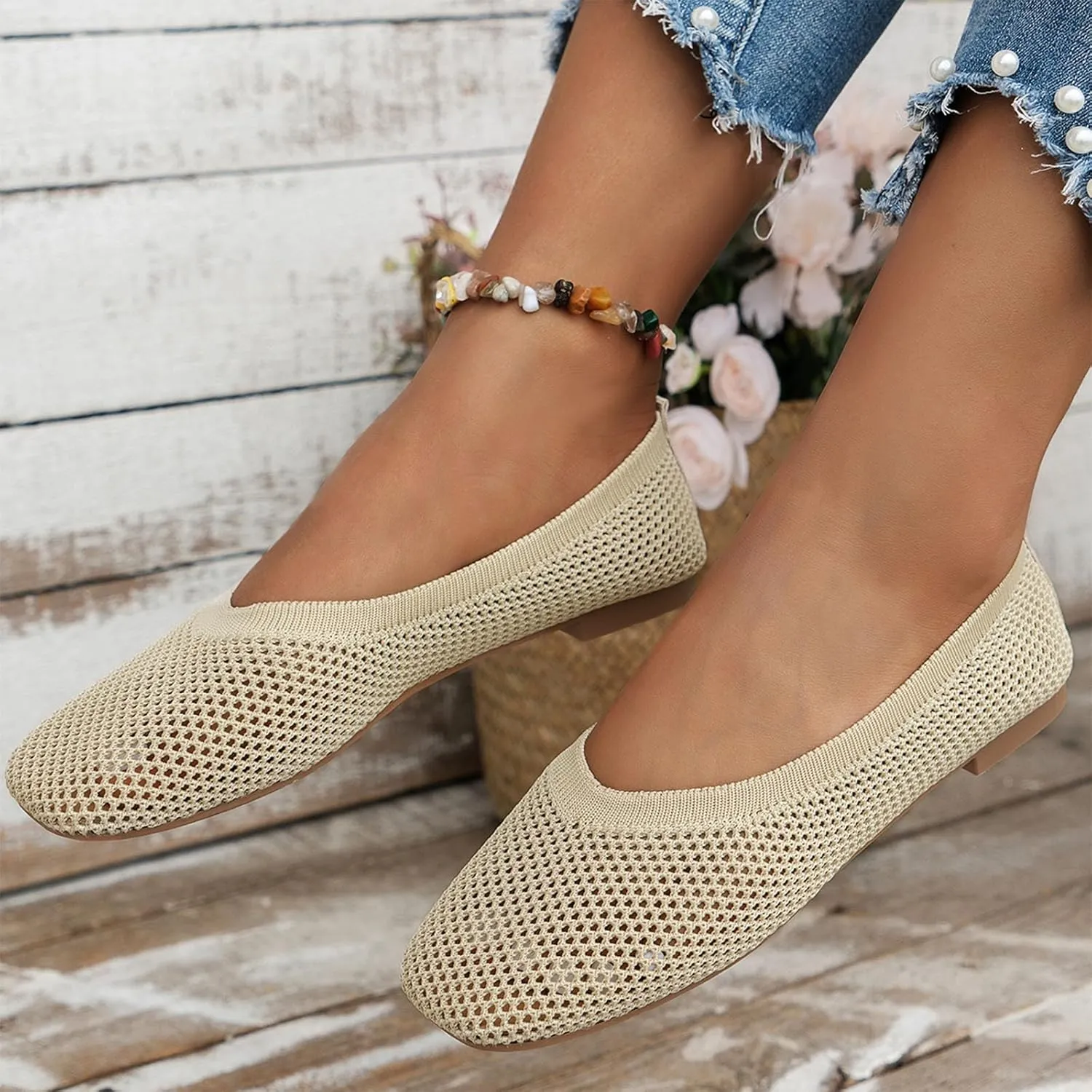 Women's Ballet Flats Soft Knit Lightweight Square Toe Slip On Comfort Ballerina Flat Shoes for Walking Low Wedge Soft