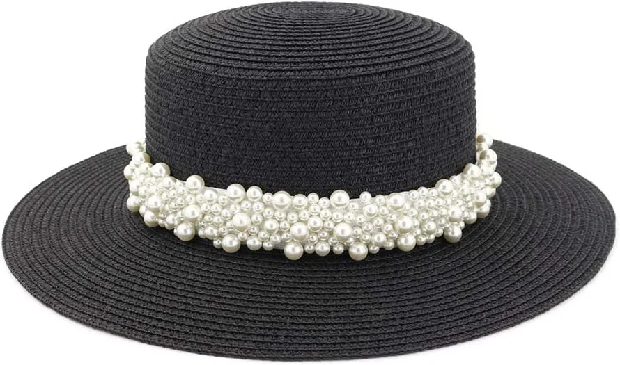 Womens Flat Top Straw Hat Wide Brim Floppy Fedora Summer Beach Sun Hat Sunshade Ladies Sun Hat