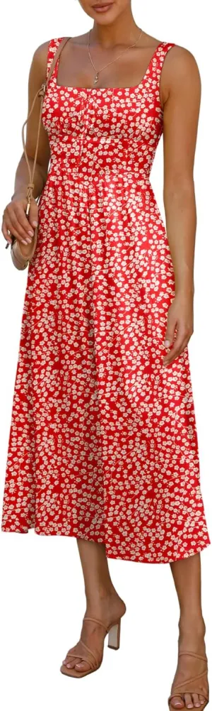Women's Floral Corset Dress 2025 Summer Sleeveless A Line Bustier Midi Milkmaid Dress Flowy Cottagecore Sundresses