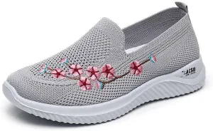 Women's Floral Embroidered Knitted Flat Shoes Casual Breathable Knitted Slip On Loafers National Style Soft Bottom Walking Shoe