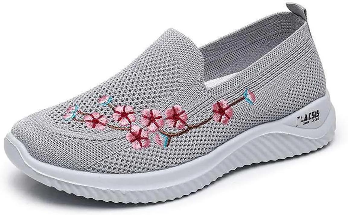 Women's Floral Embroidered Knitted Flat Shoes Casual Breathable Knitted Slip On Loafers National Style Soft Bottom Walking Shoe