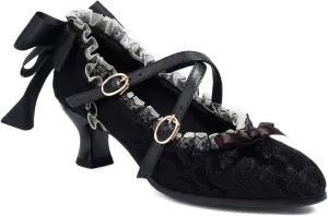 Women's Kitten Heel Lace Mesh Bow Riband Lace Almond Toe Cross-Tied Ruffles Sexy Lolita Pumps Cosplay Maid Kawaii Mary Janes Pumps