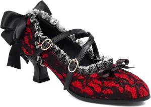 Women's Kitten Heel Lace Mesh Bow Riband Lace Almond Toe Cross-Tied Ruffles Sexy Lolita Pumps Cosplay Maid Kawaii Mary Janes Pumps