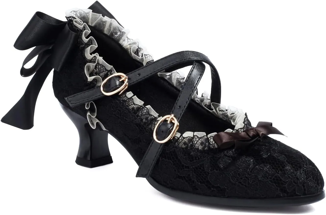 Women's Kitten Heel Lace Mesh Bow Riband Lace Almond Toe Cross-Tied Ruffles Sexy Lolita Pumps Cosplay Maid Kawaii Mary Janes Pumps