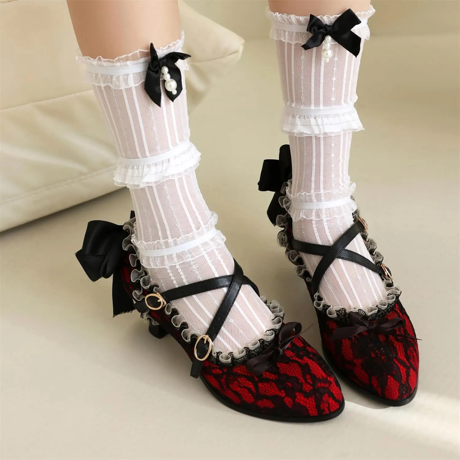 Women's Kitten Heel Lace Mesh Bow Riband Lace Almond Toe Cross-Tied Ruffles Sexy Lolita Pumps Cosplay Maid Kawaii Mary Janes Pumps