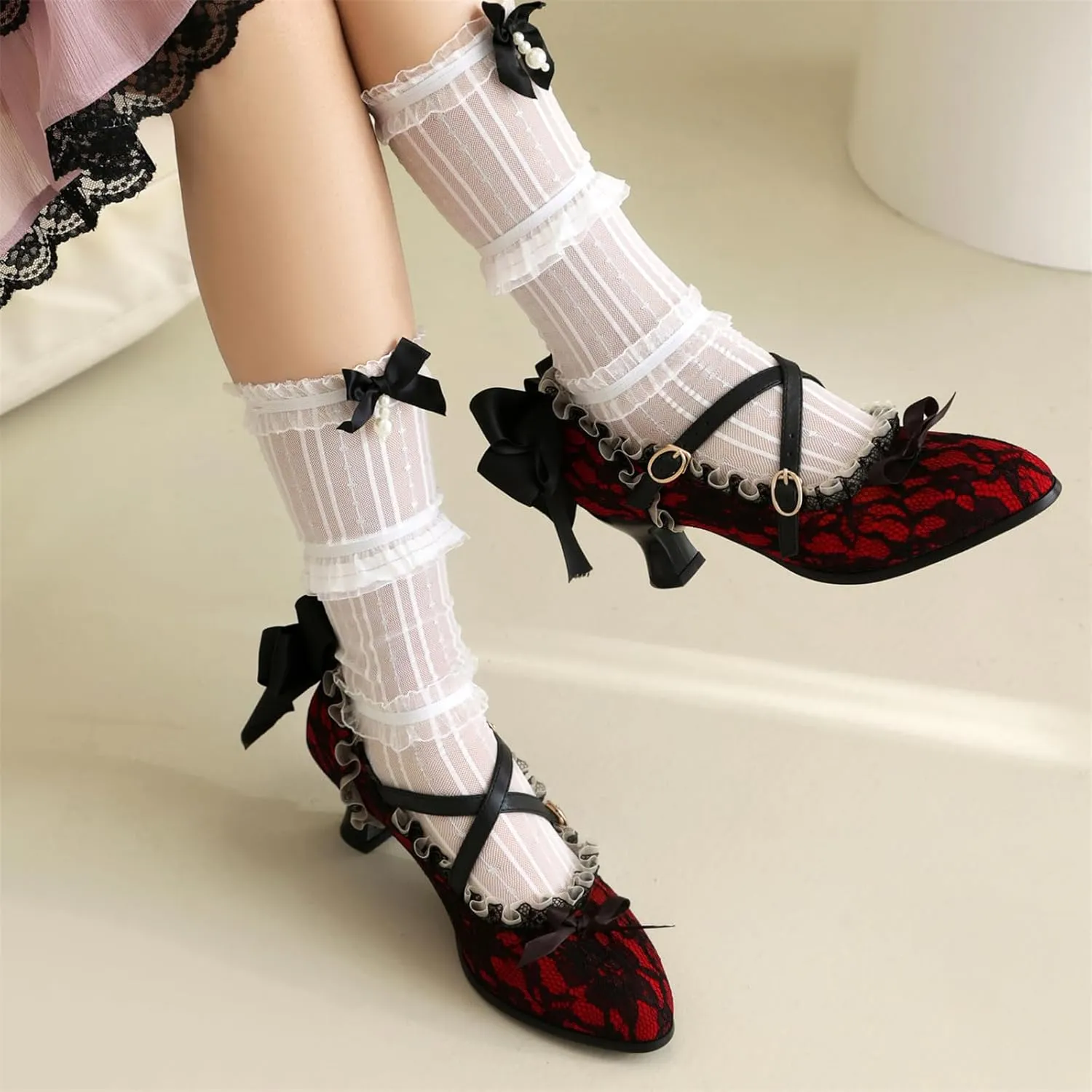 Women's Kitten Heel Lace Mesh Bow Riband Lace Almond Toe Cross-Tied Ruffles Sexy Lolita Pumps Cosplay Maid Kawaii Mary Janes Pumps
