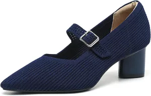 Women's Knit Chunky Heel Pumps with Adjust Buckle Strap Fashion Comfortable Pointed Toe Block Heels Mary Janes Pumps for Party Office Work Dress Shoes