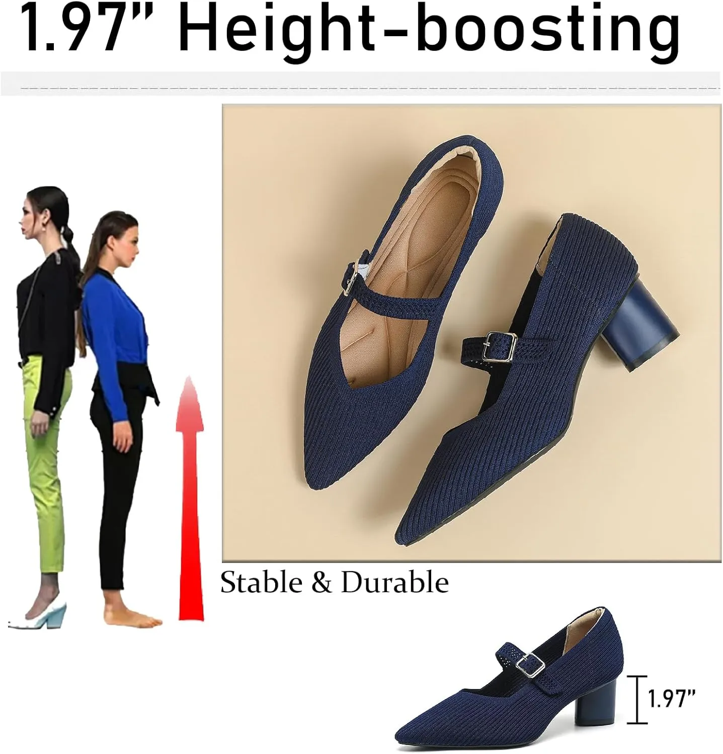 Women's Knit Chunky Heel Pumps with Adjust Buckle Strap Fashion Comfortable Pointed Toe Block Heels Mary Janes Pumps for Party Office Work Dress Shoes
