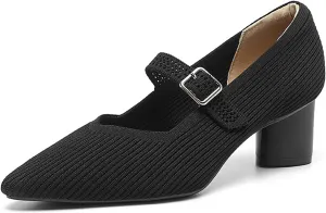 Women's Knit Chunky Heel Pumps with Adjust Buckle Strap Fashion Comfortable Pointed Toe Block Heels Mary Janes Pumps for Party Office Work Dress Shoes