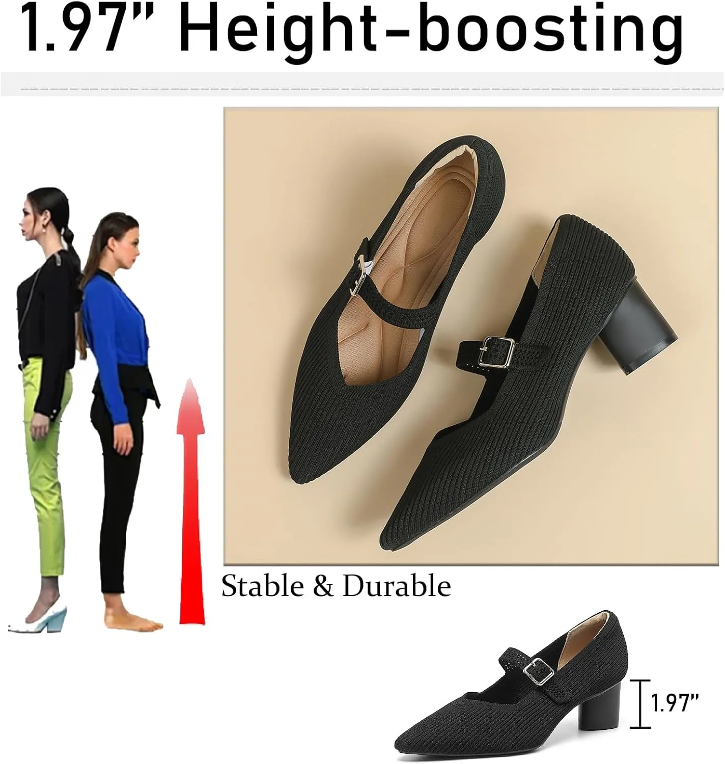 Women's Knit Chunky Heel Pumps with Adjust Buckle Strap Fashion Comfortable Pointed Toe Block Heels Mary Janes Pumps for Party Office Work Dress Shoes