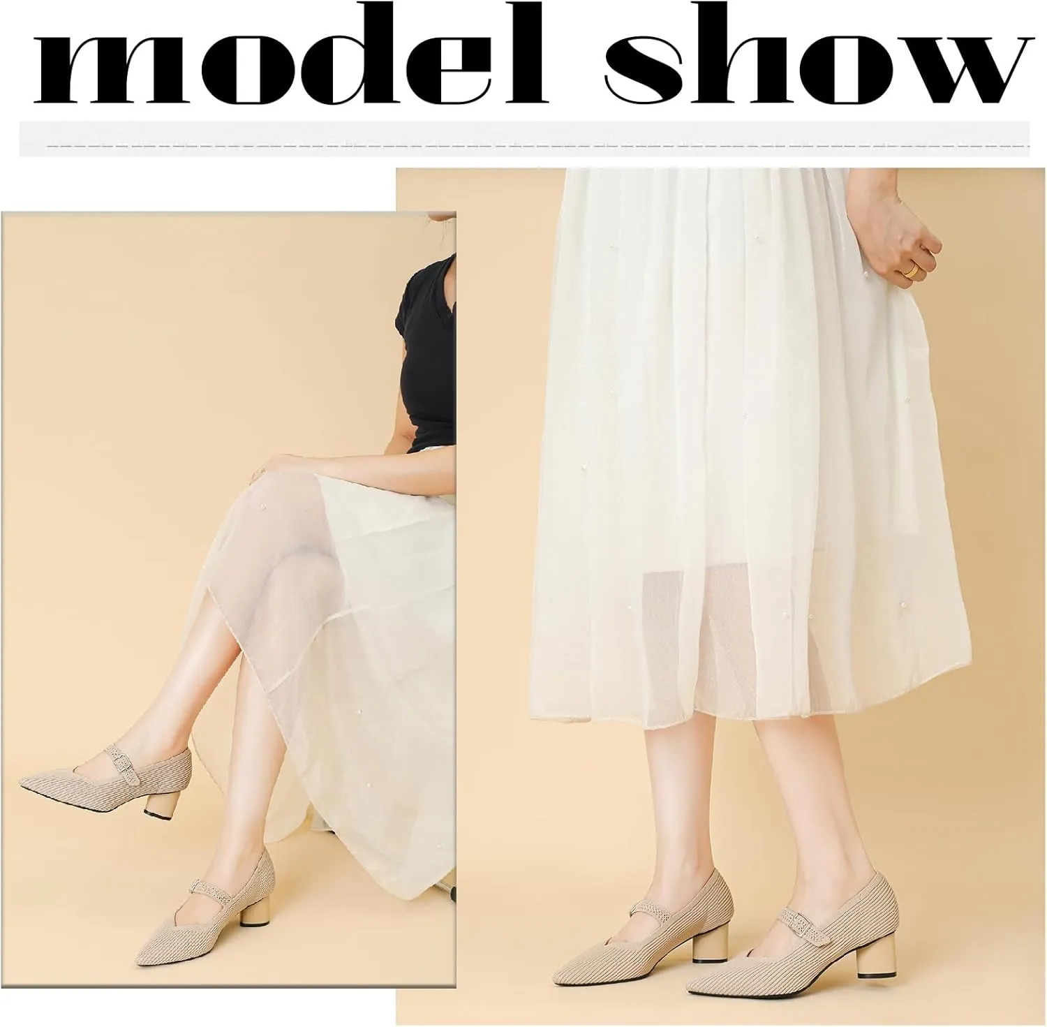 Women's Knit Chunky Heel Pumps with Adjust Buckle Strap Fashion Comfortable Pointed Toe Block Heels Mary Janes Pumps for Party Office Work Dress Shoes