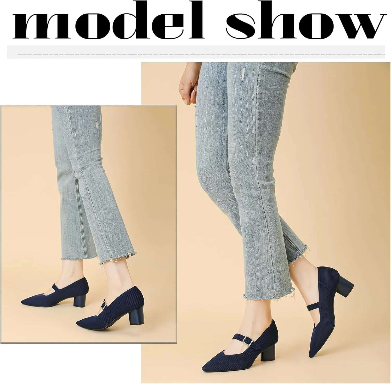 Women's Knit Chunky Heel Pumps with Adjust Buckle Strap Fashion Comfortable Pointed Toe Block Heels Mary Janes Pumps for Party Office Work Dress Shoes