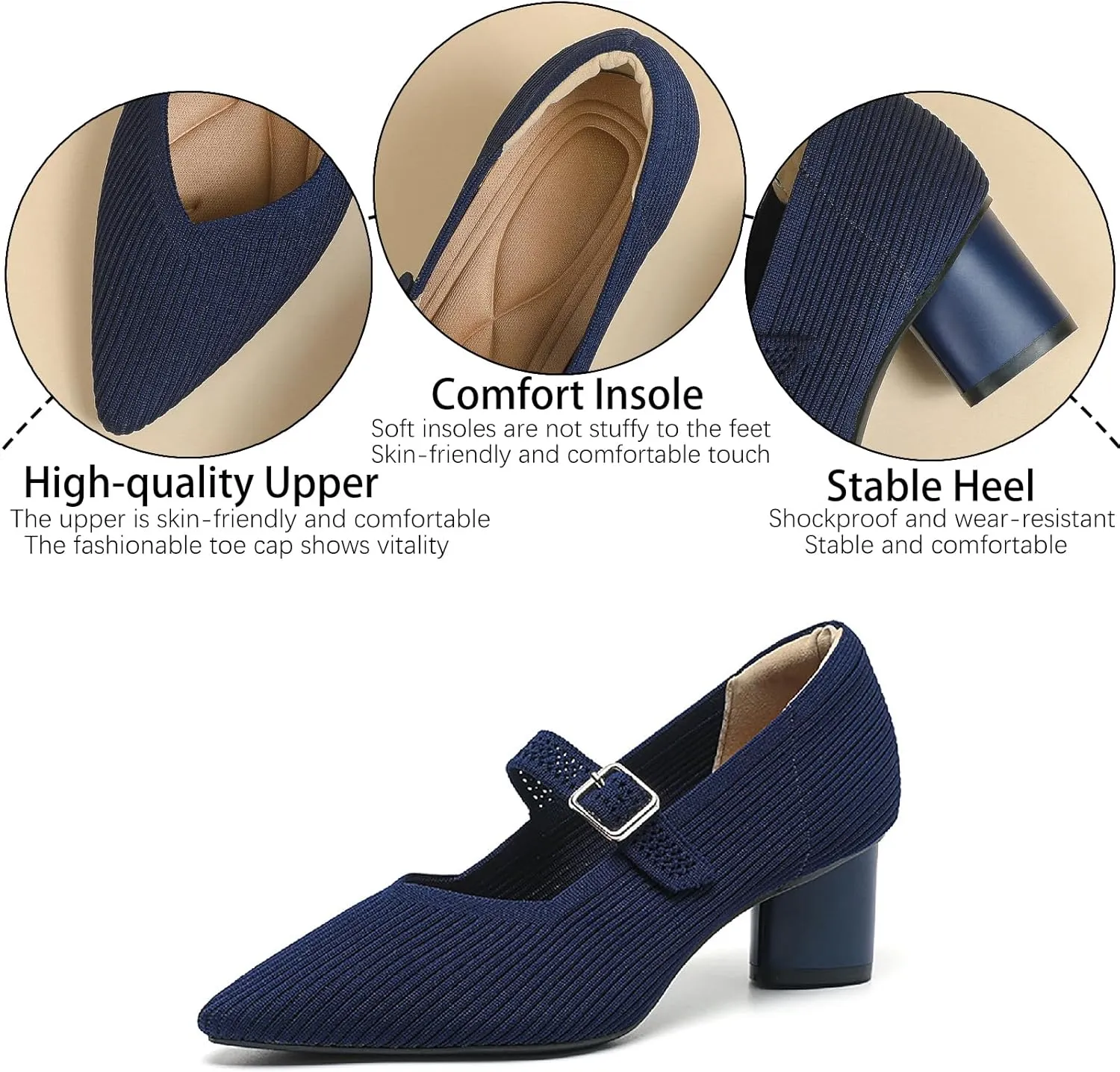 Women's Knit Chunky Heel Pumps with Adjust Buckle Strap Fashion Comfortable Pointed Toe Block Heels Mary Janes Pumps for Party Office Work Dress Shoes