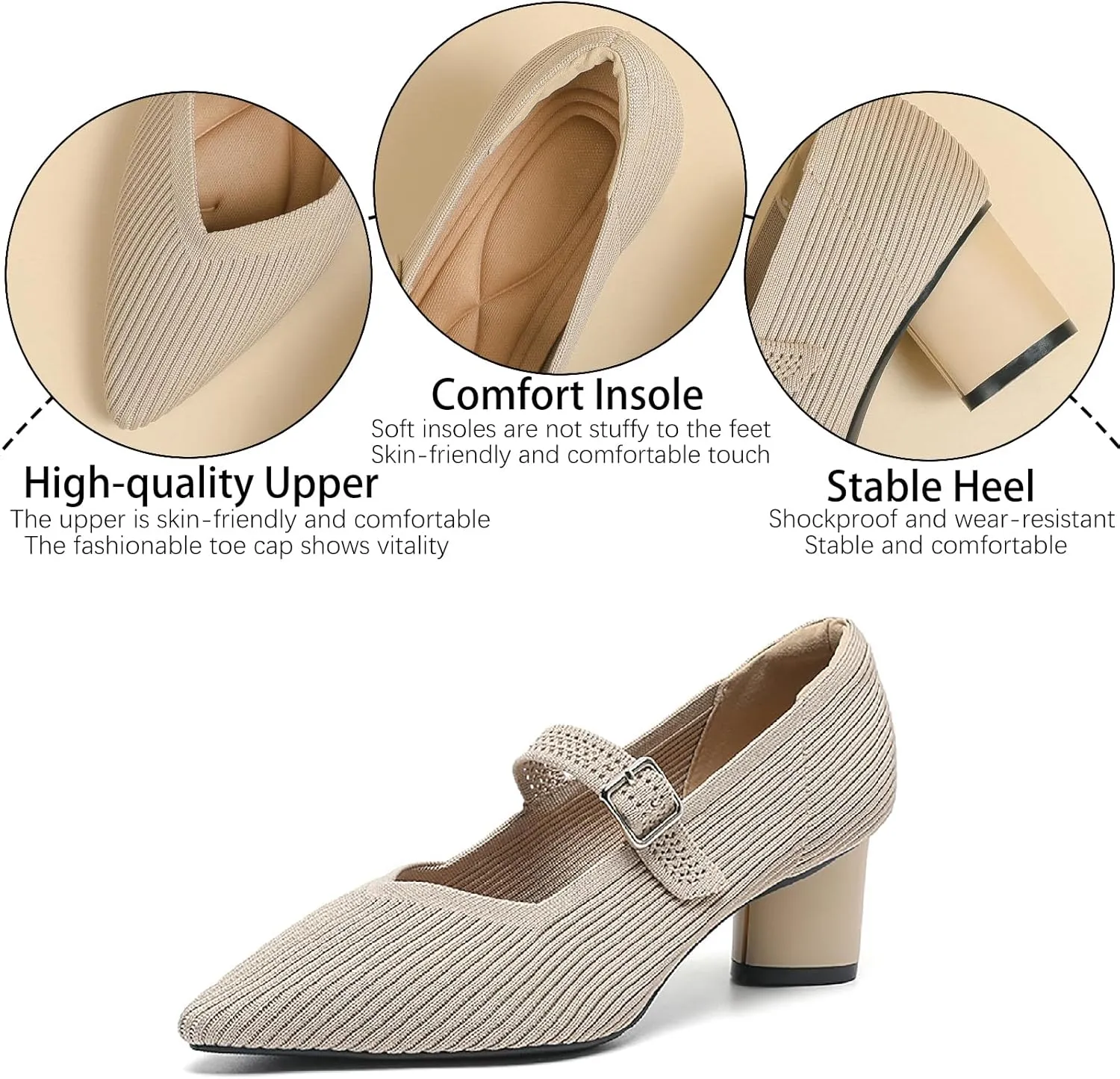 Women's Knit Chunky Heel Pumps with Adjust Buckle Strap Fashion Comfortable Pointed Toe Block Heels Mary Janes Pumps for Party Office Work Dress Shoes