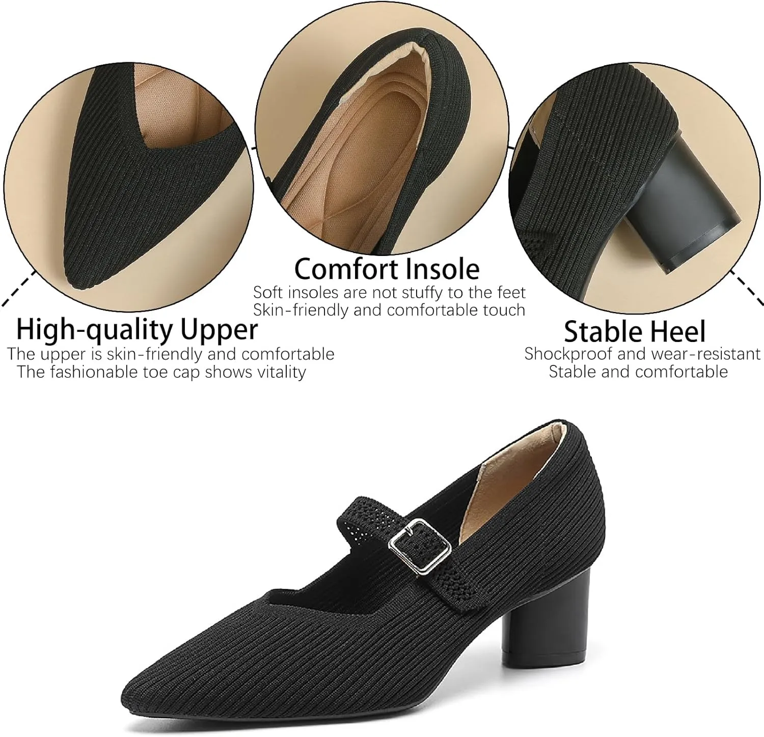 Women's Knit Chunky Heel Pumps with Adjust Buckle Strap Fashion Comfortable Pointed Toe Block Heels Mary Janes Pumps for Party Office Work Dress Shoes