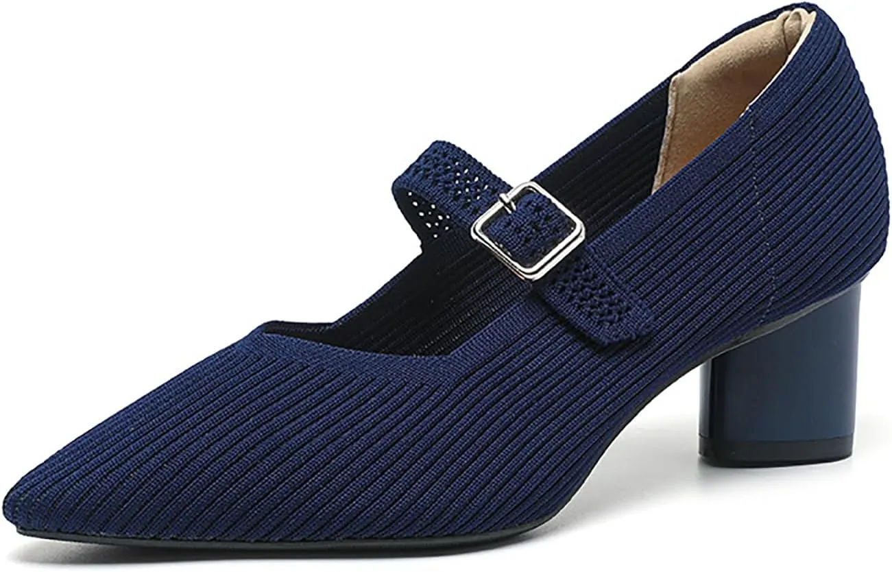 Women's Knit Chunky Heel Pumps with Adjust Buckle Strap Fashion Comfortable Pointed Toe Block Heels Mary Janes Pumps for Party Office Work Dress Shoes